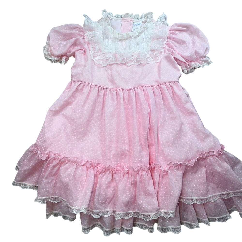 Vintage Bryan Girls Pink Lace White Polka Dot Ruffle Dress Size 5 Sash Tie